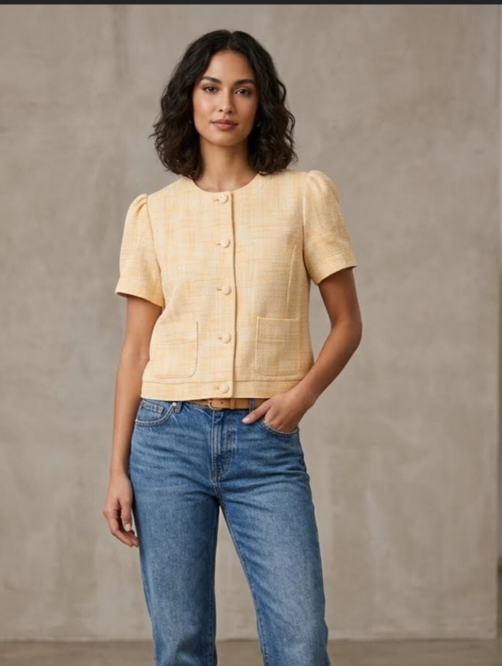 Short-Sleeve Button Front Tweed Top in Pale Yellow